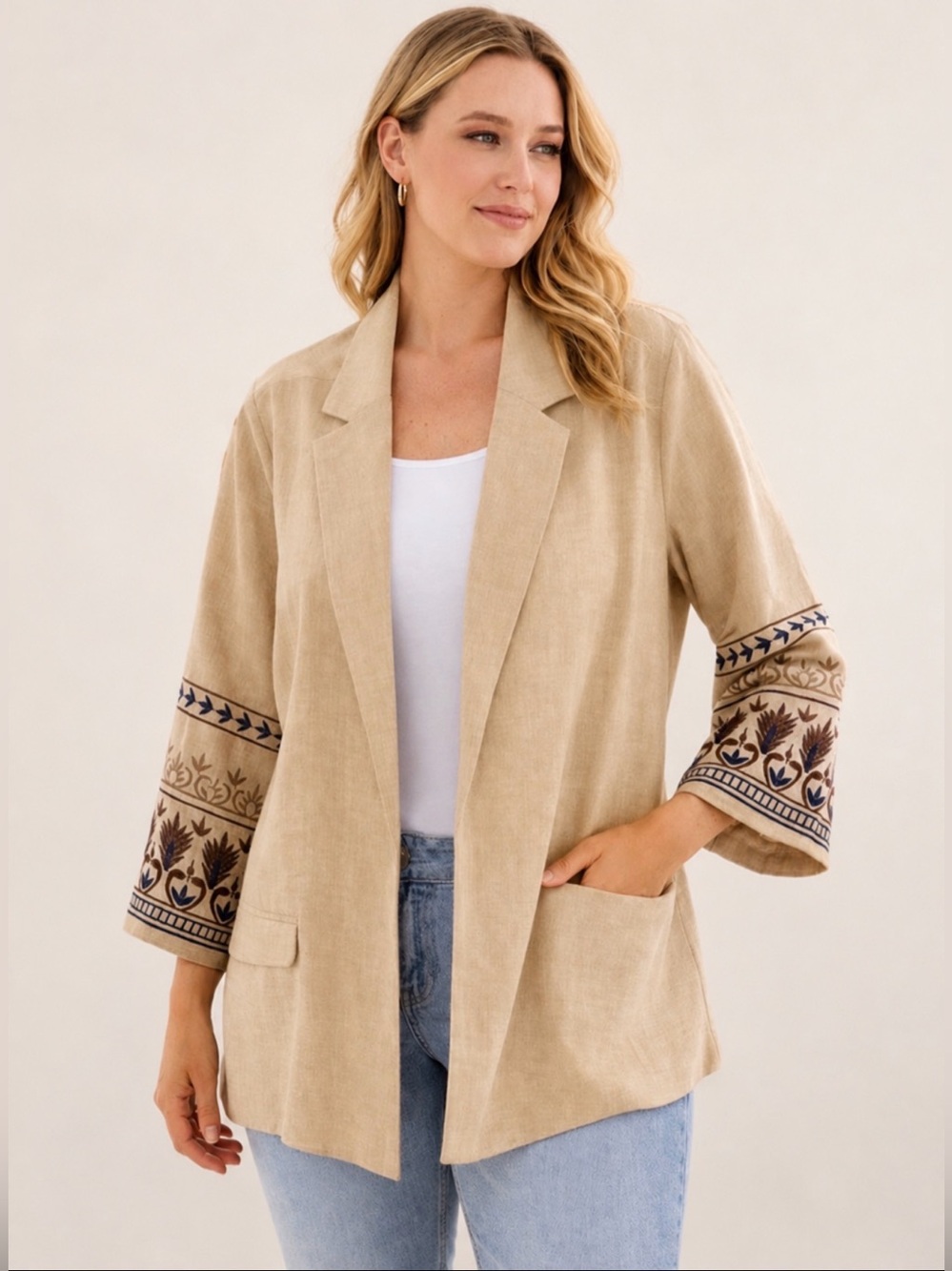 NYCC Blazer 3X Boho Embroidered Sleeve Kimono Jacket Natural Beige Resort